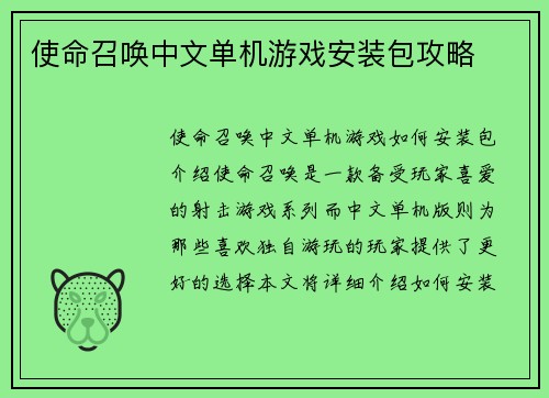 使命召唤中文单机游戏安装包攻略